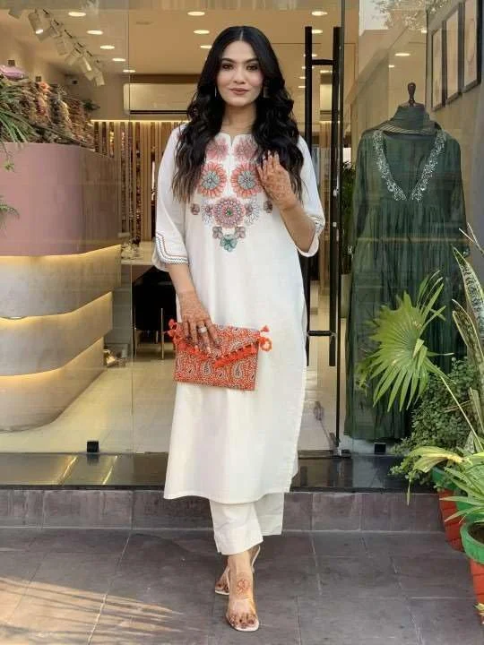 Women's Cotton Kurti Set | Embroidered Floral Pant Combo | White-L image 1