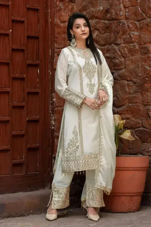 Pearl Radiance Classic Embroidered Suit for Women | Chinon Top with Micro-Cotton Lining | Fully Stitched Bridal & Ceremonial Ethnic Outfit | Elegant Festive Wear image 1