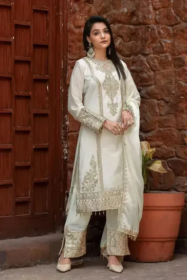 Pearl Radiance Classic Embroidered Suit for Women | Chinon Top with Micro-Cotton Lining | Fully Stitched Bridal & Ceremonial Ethnic Outfit | Elegant Festive Wear thumbnail 0