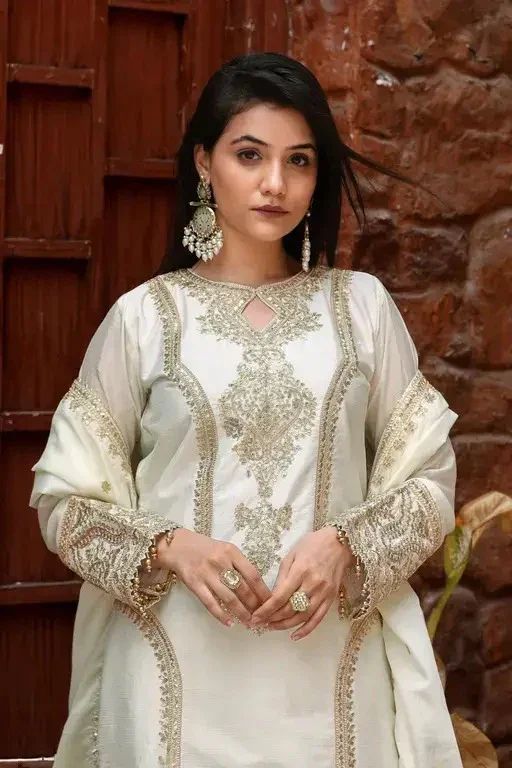 Pearl Radiance Classic Embroidered Suit for Women | Chinon Top with Micro-Cotton Lining | Fully Stitched Bridal & Ceremonial Ethnic Outfit | Elegant Festive Wear image 4