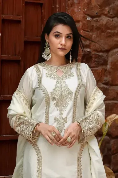 Pearl Radiance Classic Embroidered Suit for Women | Chinon Top with Micro-Cotton Lining | Fully Stitched Bridal & Ceremonial Ethnic Outfit | Elegant Festive Wear thumbnail 3