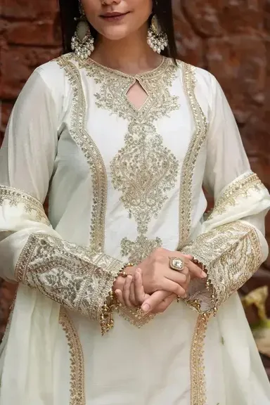 Pearl Radiance Classic Embroidered Suit for Women | Chinon Top with Micro-Cotton Lining | Fully Stitched Bridal & Ceremonial Ethnic Outfit | Elegant Festive Wear thumbnail 1