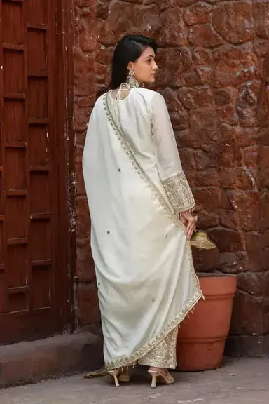Pearl Radiance Classic Embroidered Suit for Women | Chinon Top with Micro-Cotton Lining | Fully Stitched Bridal & Ceremonial Ethnic Outfit | Elegant Festive Wear thumbnail 2
