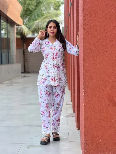 Pastel Pink Floral Co‑Ord Set | Breathable Two-Piece Summer Outfit for Women | Buttoned Top & Straight Pants | Lightweight Casual Summer Wear thumbnail 2