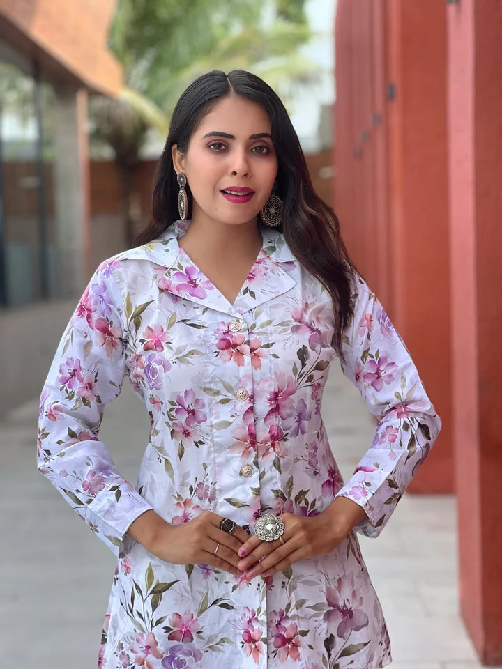 Pastel Pink Floral Co‑Ord Set | Breathable Two-Piece Summer Outfit for Women | Buttoned Top & Straight Pants | Lightweight Casual Summer Wear image 4