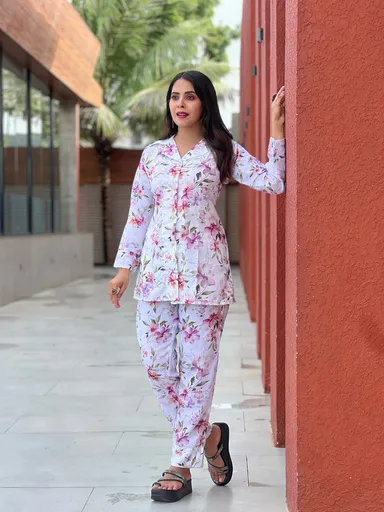 Pastel Pink Floral Co‑Ord Set | Breathable Two-Piece Summer Outfit for Women | Buttoned Top & Straight Pants | Lightweight Casual Summer Wear thumbnail 0