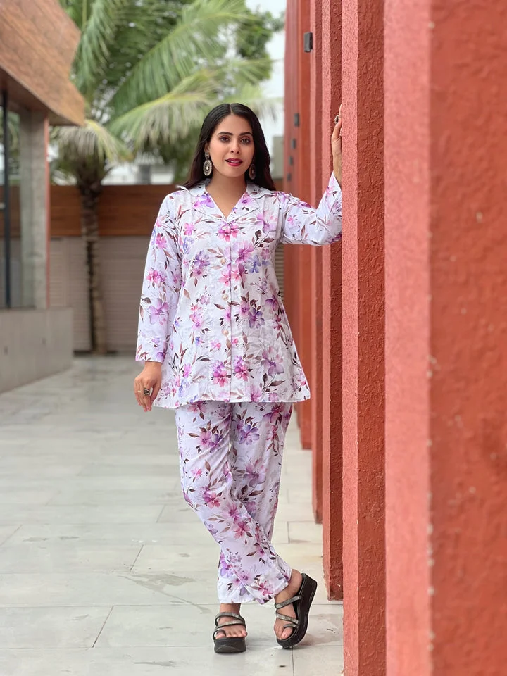 Pastel Purple and Pink Floral Co-ord Set | Breathable Two-Piece Outfit for Women, Summer Wear image 3