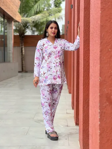 Pastel Purple and Pink Floral Co-ord Set | Breathable Two-Piece Outfit for Women, Summer Wear thumbnail 0
