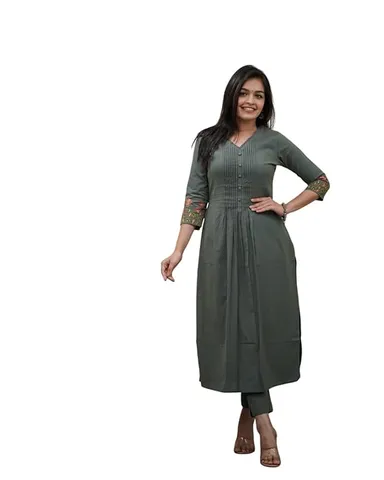 Little Crafts | Women’s Cotton Printed Kurti Set with Pant and Dupatta | Flared Straight Ethnic Wear for Ladies | Army Green | XL Size thumbnail 0