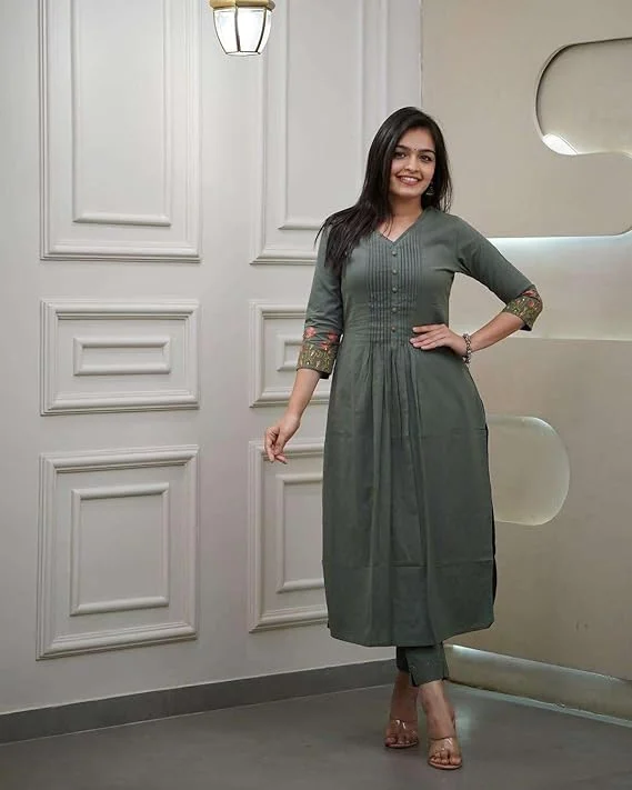 Little Crafts | Women’s Cotton Printed Kurti Set with Pant and Dupatta | Flared Straight Ethnic Wear for Ladies | Army Green | XL Size image 6