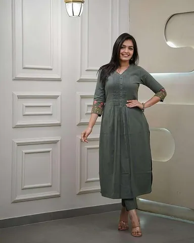 Little Crafts | Women’s Cotton Printed Kurti Set with Pant and Dupatta | Flared Straight Ethnic Wear for Ladies | Army Green | XL Size thumbnail 5