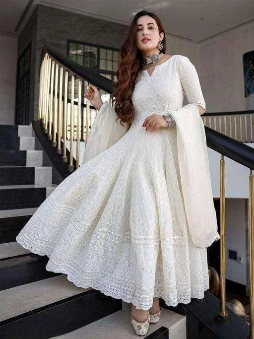Women’s Cotton Chikankari Anarkali Kurti M| Long White Kurti with Dupatta | Party & Daily Wear image 2