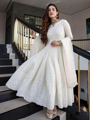 Women’s Cotton Chikankari Anarkali Kurti M| Long White Kurti with Dupatta | Party & Daily Wear thumbnail 1