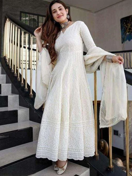 Women’s Cotton Chikankari Anarkali Kurti M| Long White Kurti with Dupatta | Party & Daily Wear image 4