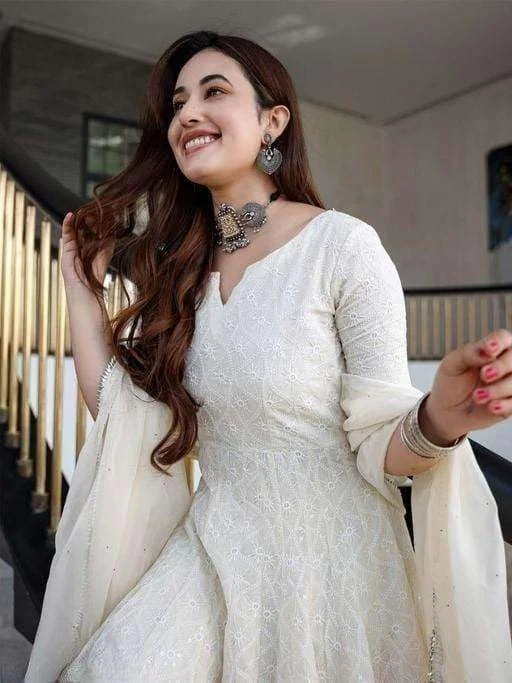 Women’s Cotton Chikankari Anarkali Kurti M| Long White Kurti with Dupatta | Party & Daily Wear image 1