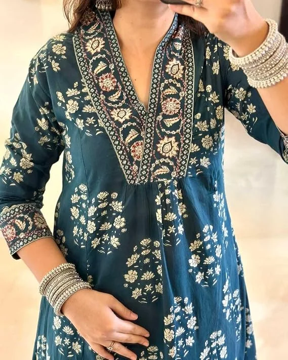 Little Crafts | Women's Cotton Floral Printed Anarkali Kurti with Pant and Dupatta Set |Summer Festive Wear |Blue|Medium image 4
