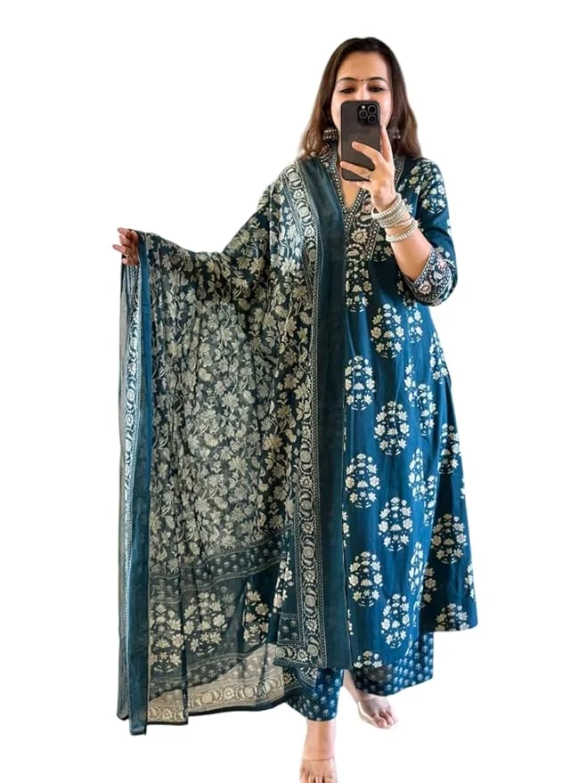  Little Crafts | Women's Cotton Floral Printed Anarkali Kurti with Pant and Dupatta Set |Summer Festive Wear |Blue|Large image 1