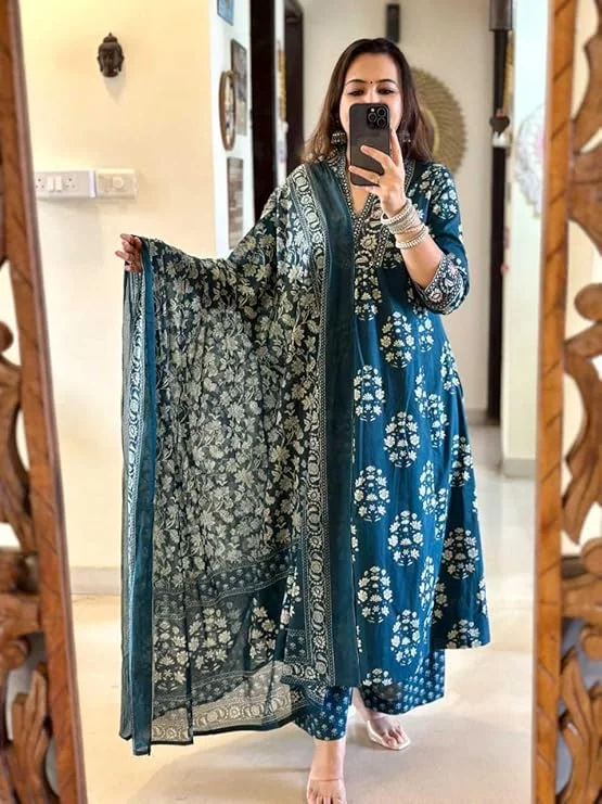  Little Crafts | Women's Cotton Floral Printed Anarkali Kurti with Pant and Dupatta Set |Summer Festive Wear |Blue|Large image 2