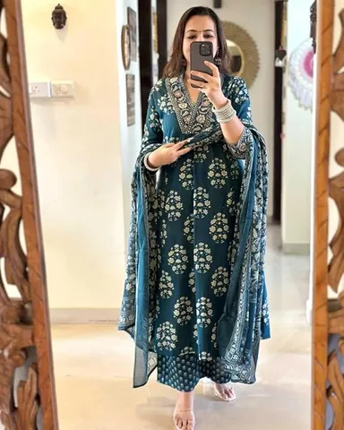  Little Crafts | Women's Cotton Floral Printed Anarkali Kurti with Pant and Dupatta Set |Summer Festive Wear |Blue|Large thumbnail 2