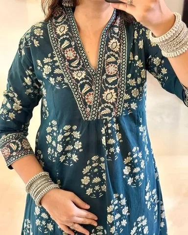  Little Crafts | Women's Cotton Floral Printed Anarkali Kurti with Pant and Dupatta Set |Summer Festive Wear |Blue|Large thumbnail 3