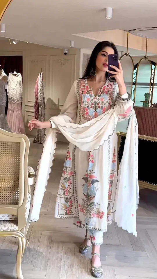White Georgette Kurta Set | Mirror Work Kurta with Pant & Dupatta|Fully Stitched Party Wear image 3