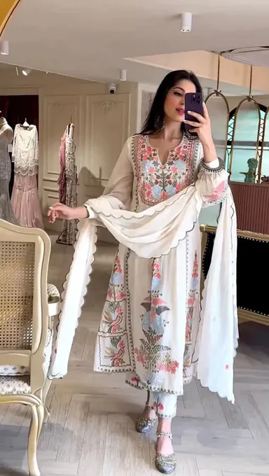 White Georgette Kurta Set | Mirror Work Kurta with Pant & Dupatta|Fully Stitched Party Wear thumbnail 2