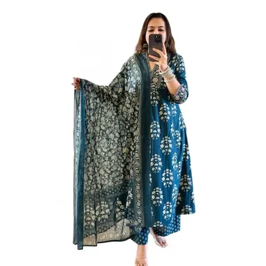   Little Crafts | Women's Cotton Floral Printed Anarkali Kurti with Pant and Dupatta Set |Summer Festive Wear |Blue|Extra Large thumbnail 0
