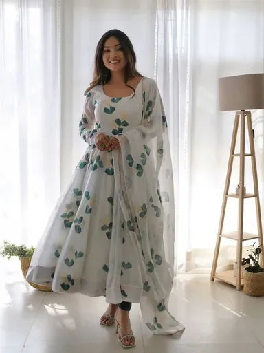 White Printed Organza Anarkali Kurta Set | Fully Stitched Digital Print Kurta with Dupatta| Summer Wear thumbnail 2