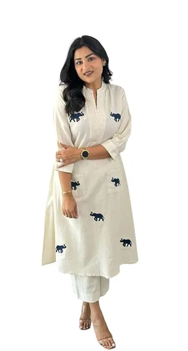 Women’s Cotton Printed Straight Kurti Set with Pant and Dupatta L | White Ethnic Summer Wear|Lightweight| Casual and Festive Use thumbnail 0