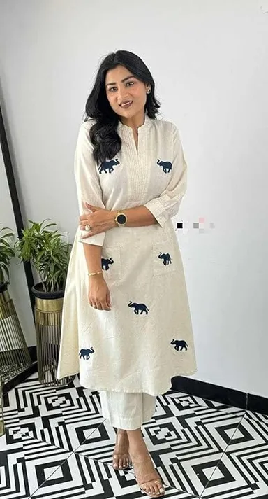 Women’s Cotton Printed Straight Kurti Set with Pant and Dupatta L | White Ethnic Summer Wear|Lightweight| Casual and Festive Use thumbnail 1