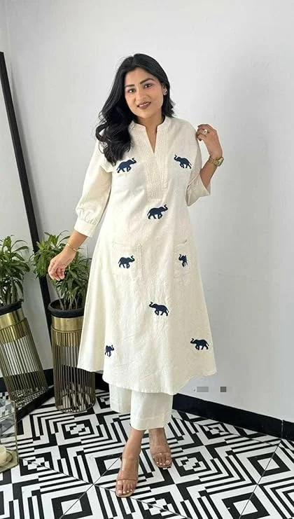 Women’s Cotton Printed Straight Kurti Set with Pant and Dupatta L | White Ethnic Summer Wear|Lightweight| Casual and Festive Use image 3