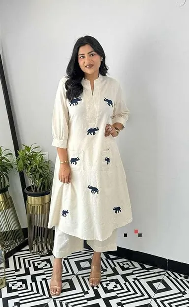 Women’s Cotton Printed Straight Kurti Set with Pant and Dupatta L | White Ethnic Summer Wear|Lightweight| Casual and Festive Use thumbnail 3