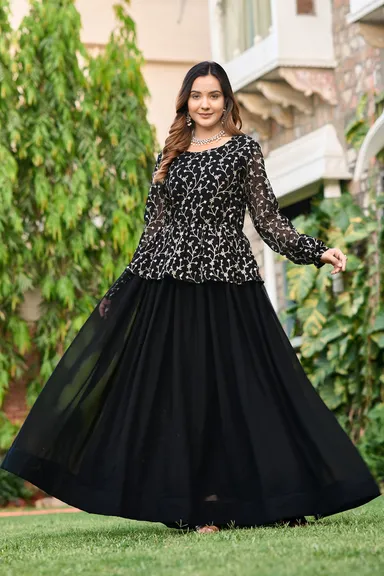 Black Embroidered Sequins Fox Georgette Lehenga Choli with Heavy Micro Cotton Lining Designer Wedding & Party Wear  thumbnail 1