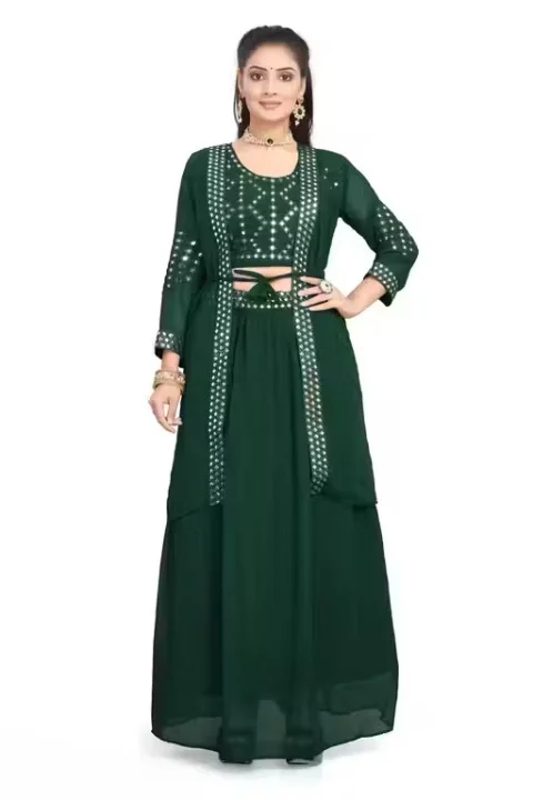 Bottle Green Womens Ethnic Sets | Georgette Top Bottom Koti | Traditional Indian Festive Wear|small image 1