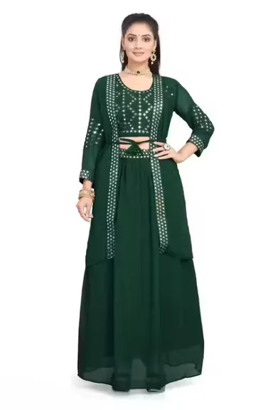 Bottle Green Womens Ethnic Sets | Georgette Top Bottom Koti | Traditional Indian Festive Wear|small thumbnail 0