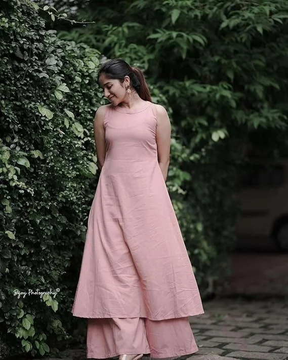 Little Crafts | Women's Cotton Sleeveless Plain Flared Kurta with Palazzo Set |Pink|Summer and Office Wear| Medium image 2