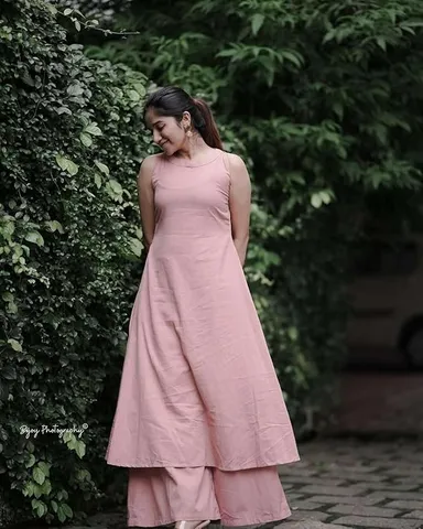 Little Crafts | Women's Cotton Sleeveless Plain Flared Kurta with Palazzo Set |Pink|Summer and Office Wear| Medium thumbnail 1
