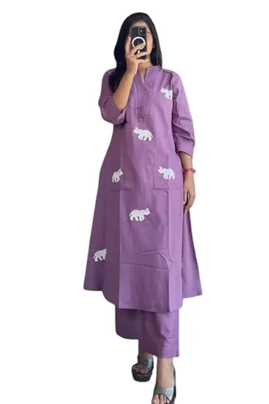 Women's Cotton Printed Straight Kurta Pant Dupatta Set | Purple| XL| Breathable Summer Wear| Daily and Office Use thumbnail 0