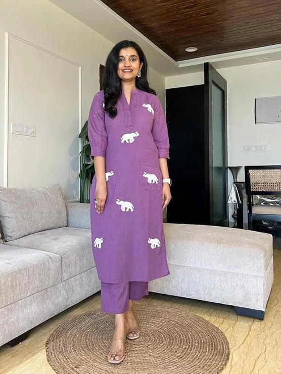Women's Cotton Printed Straight Kurta Pant Dupatta Set | Purple| XL| Breathable Summer Wear| Daily and Office Use image 5
