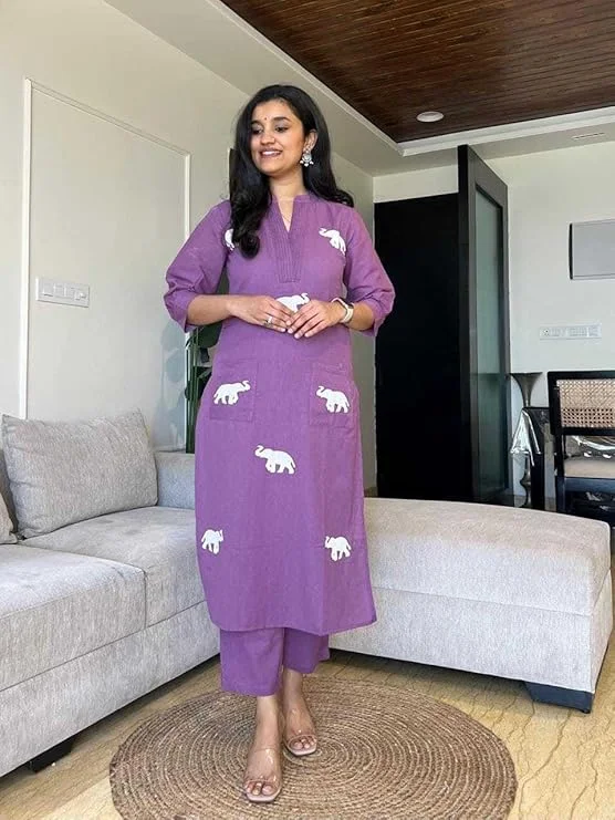 Women's Cotton Printed Straight Kurta Pant Dupatta Set | Purple |XXL| Breathable Summer Wear|Daily and Office Use image 2