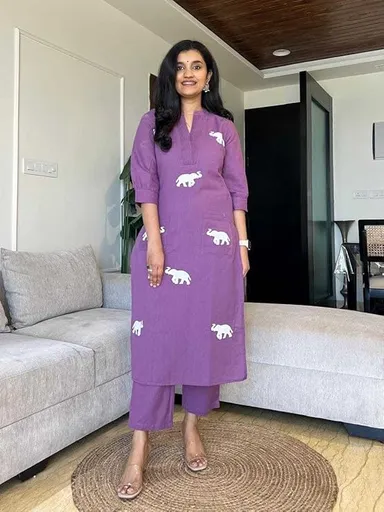 Women's Cotton Printed Straight Kurta Pant Dupatta Set | Purple |XXL| Breathable Summer Wear|Daily and Office Use thumbnail 2