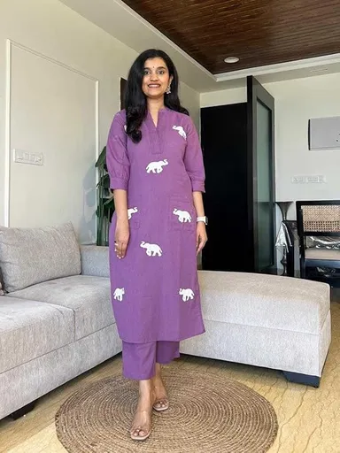 Women's Cotton Printed Straight Kurta Pant Dupatta Set | Purple |XXL| Breathable Summer Wear|Daily and Office Use thumbnail 4