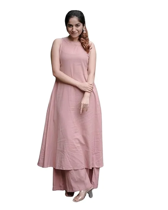 Little Crafts | Women's Cotton Sleeveless Plain Flared Kurta with Palazzo Set |Pink|Summer and Office Wear|XXL image 1