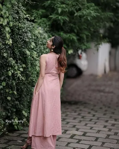 Little Crafts | Women's Cotton Sleeveless Plain Flared Kurta with Palazzo Set |Pink|Summer and Office Wear|XXL thumbnail 2