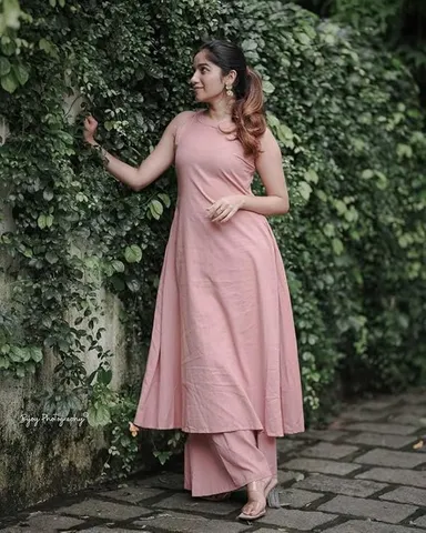 Little Crafts | Women's Cotton Sleeveless Plain Flared Kurta with Palazzo Set |Pink|Summer and Office Wear|XXL thumbnail 3