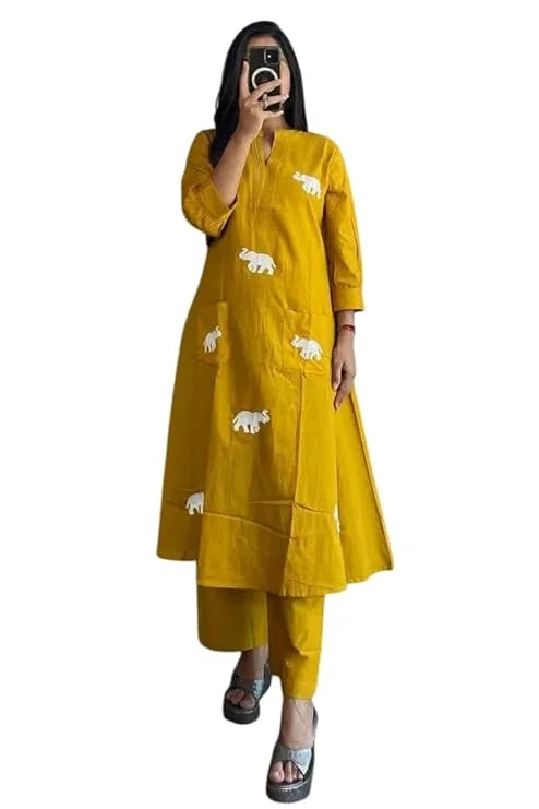 Yellow Cotton Printed Straight Kurti with Pant and  Dupatta Set for Women|Summer Ethnic Wear| L Size image 1