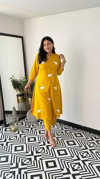 Yellow Cotton Printed Straight Kurti with Pant and  Dupatta Set for Women|Summer Ethnic Wear| L Size image 6