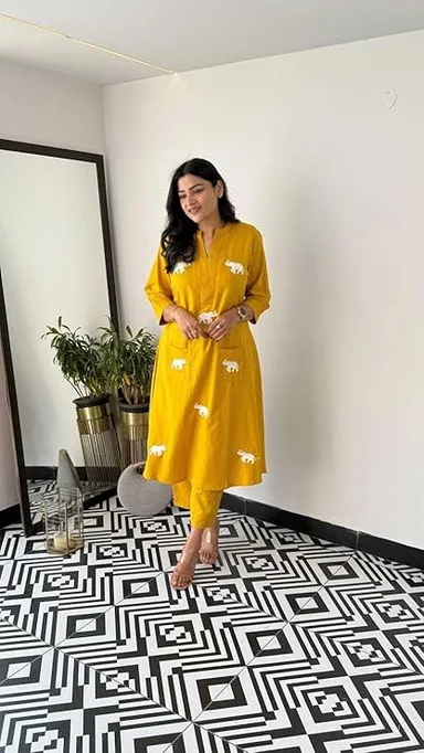 Yellow Cotton Printed Straight Kurti with Pant and  Dupatta Set for Women|Summer Ethnic Wear| L Size thumbnail 1