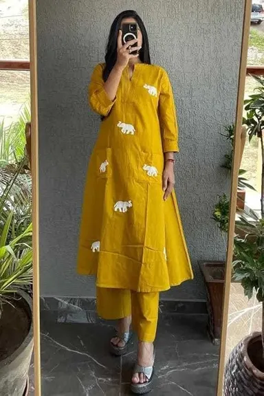 Yellow Cotton Printed Straight Kurti with Pant and  Dupatta Set for Women|Summer Ethnic Wear| L Size thumbnail 4