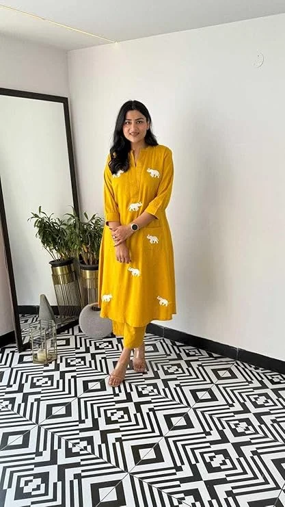 Yellow Cotton Printed Straight Kurti with Pant and  Dupatta Set for Women|Summer Ethnic Wear| L Size image 7